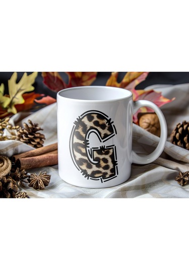 G Baş Harf Leopar Desenli Kupa Bardak - Kişiye Özel Feminen Konsept Hediye - Vahşi Hayvan Desenli Beyaz