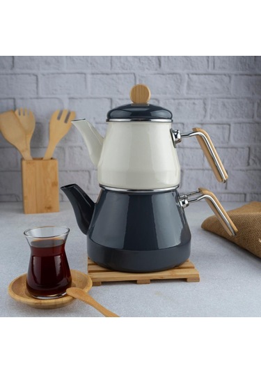 Bambum Lumino Bambu Kulplu Emaye Çaydanlık Takımı Gri