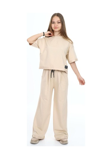 Kız Çocuk %100 Pamuk Oversize Yarım Kol Alt-üst Eşofman Takım-eşt-0012 Bej