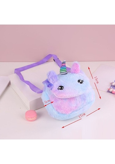 Maoyaya Yeni Yuvarlak Gözlü Tek Boynuzlu At Çocuk Peluş, Renkli Kapaklı Kız Omuz Çantası Mor Lila