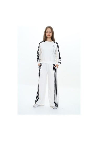 Kız Çocuk %100 Pamuk Uzun Kol Oversize Alt&üst Eşofman Takımı-eşt-0027 Beyaz