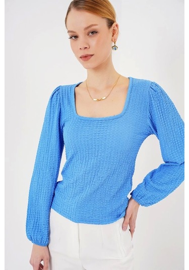 Defymoda 0442 Uzun Kollu Bluz - Saks Saks