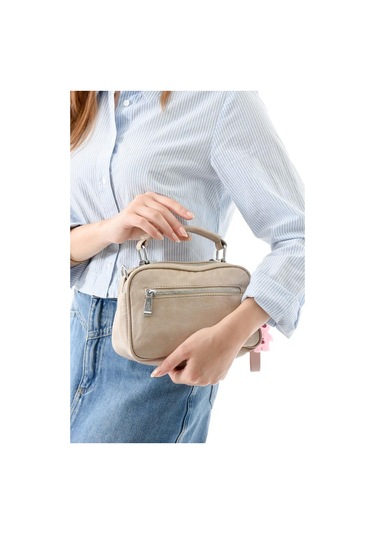 Vegan Deri Kadın Postacı Çanta 21 15 Cm Yıkama Suni Deri Omuz Çantası Çapraz Askılı Çanta Bej