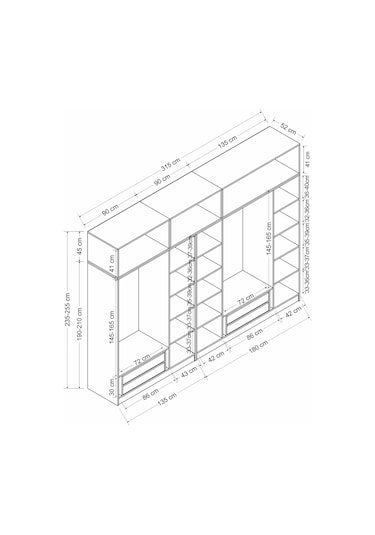 Minar Kale 7 Kapaklı 5 Aynalı 4 Ç Dolap Ve Yüklük Beyaz Antrasit 255cm Çok Renkli