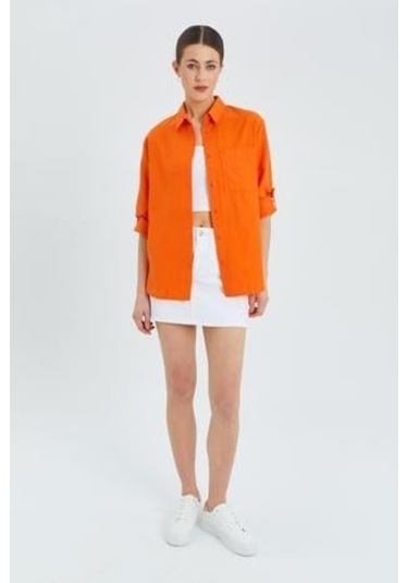 9942 Kadın Oxford Uzun Kol Basic Gömlek Oranj Oranj