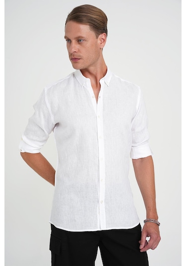 Comfort Fit Düğme Yaka Katlanır Kol %100 Keten Düz Beyaz Gömlek G 1595 Beyaz