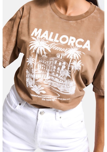 Itsbasic Kadın Kahve S6-16 Oversize Mallorca Baskılı %100 Koton T-shirt