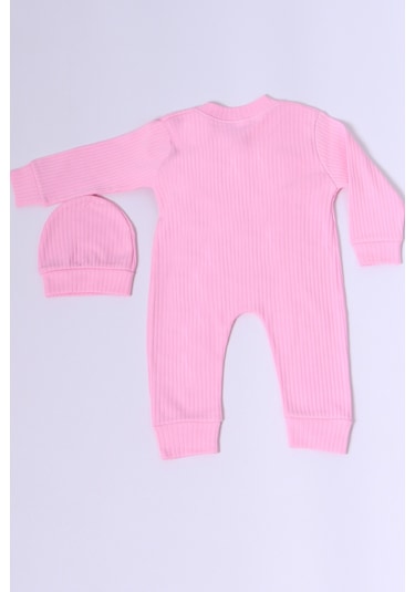 Hçm Bebek Tulum Şapka Hediyeli Düğmeli Ayıcık Detaylı C32 Pembe