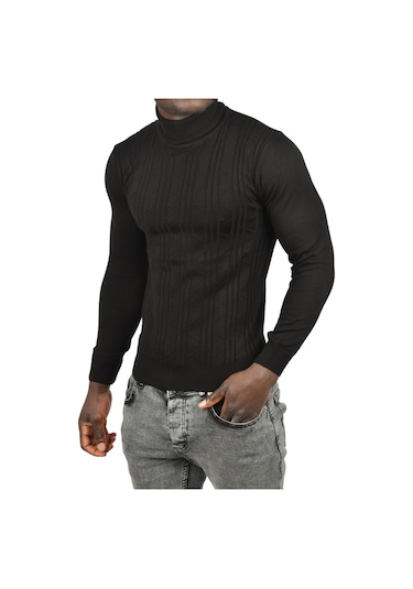 Deepsea Erkek Siyah Çizgi Desenli Slim Kesim Tam Balıkçı Yaka Triko Boğazlı Kazak 2505509 Siyah