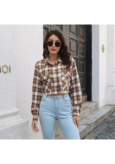 Gmxıa Kadın Modası Günlük Ekose Baskı Uzun Kollu Polo Yaka Bluzlar Ve Gömlekler Kahverengi