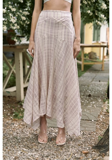 Lila Peigi Çizgili Parçalı Midi Etek Lila