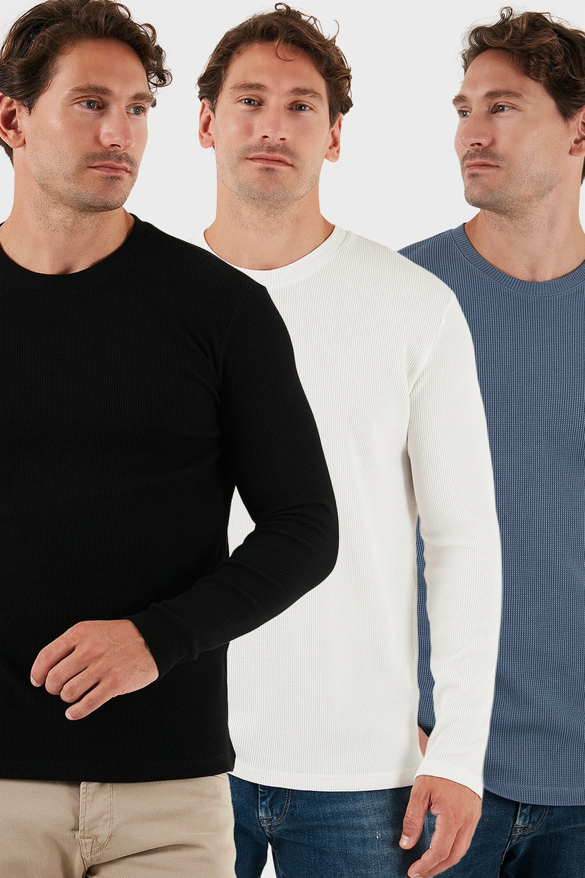 Buratti Pamuklu Bisklet Yaka Slim Fit Basic 3'Lü Paket Erkek Sweat 5905073S3 Koyu Gri-Ekru-Siyah