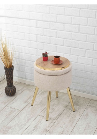 Bella Metal Ayaklı Puflu Teddy Kumaş Sehpa&puf Altın Beyaz Gold White