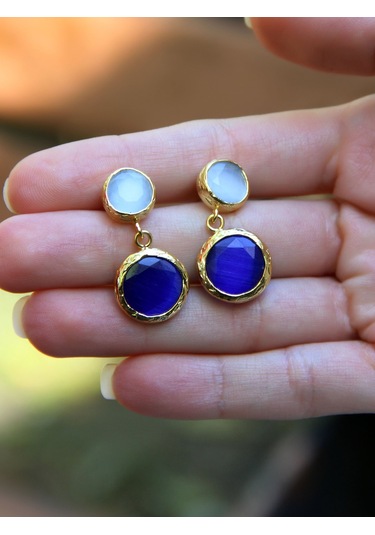 İkili Yuvarlak Modelli Kedigözü Cam Gold Kaplamalı Kadın Küpe Euku25bm Mavi