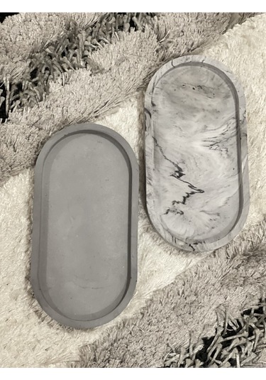 2'li Dekoratif Oval Sunumluk Seti, Dekoratif Biblo Takı Tabağı, Saksılık,tütsülük,mumluk - Gri-mermer Desenli