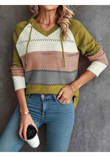 Kadın Uzun Kollu V Yakalı Bağcıklı Kapşonlu Triko Bluz Pembe