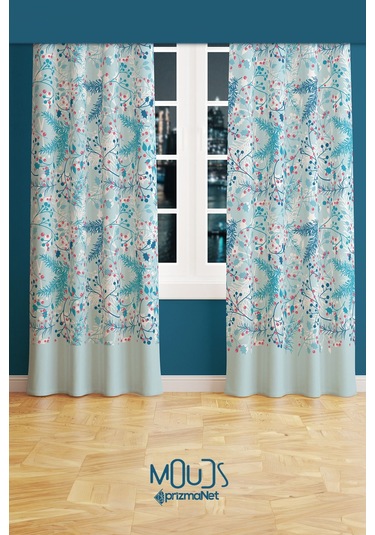 Kış Dalları Desenli Süet Oturma Odası Salon Fon Perde Baskılı Ekstrafor Büzgü 2 Kanat Prd-1024 Çok Renkli