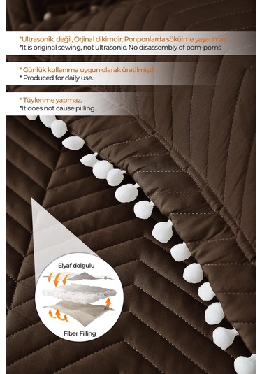 Evlen Home Ponponlu %100 Pamuk Tek Kişilik Günlük Yatak Örtüsü Pike Takımı Seti Koyu Kahve