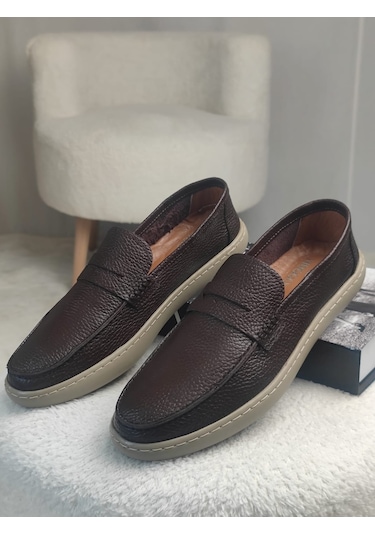 Muggo Harnaz Bağcıksız Hakiki Deri Erkek Günlük Casual Ayakkabı Kahverengi