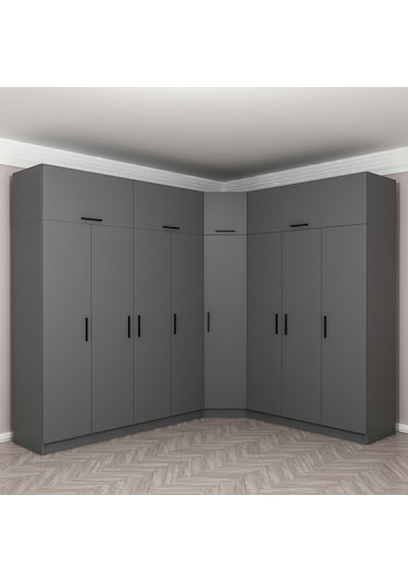 Minar Kale 8 Kapaklı 4 Ç Köşe Dolap + Yüklük Antrasit 255cm