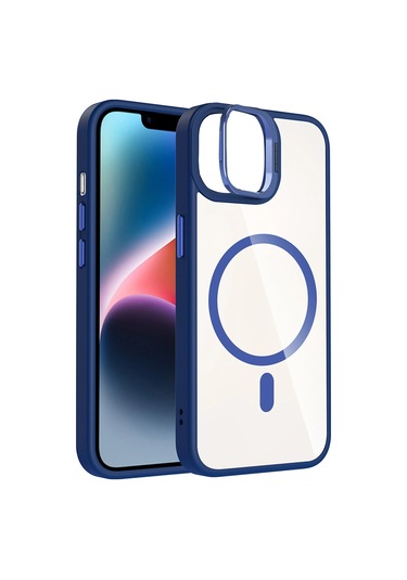 Apple, Uyumlu iPhone 11 Remim Lensli Magsafe Standlı Kapak - Lacivert Beyaz