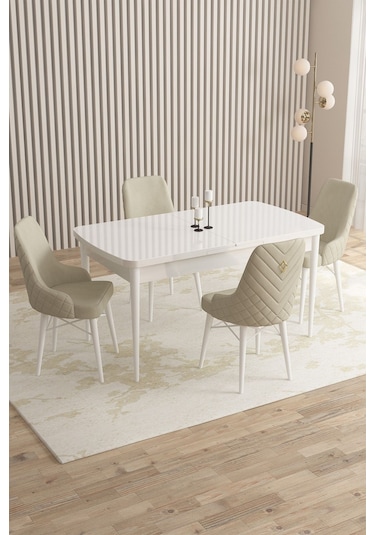 Mazaka Beyaz 80x132 Açılabilir Mdf Masa Yemek Odası Takımı, Mutfak Takımı 4 Adet Sandalye Krem Mazaka Beyaz 80x132 Açılabilir Mdf Masa Yemek Odası Takımı, Mutfak Takımı 4 Adet Sandalye Krem