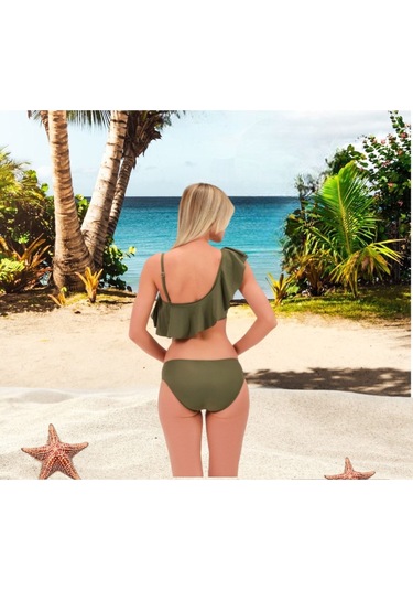 Shopiolog Kadın Düz Fırfırlı Tek Askılı Tek Omuzlu Bikini Haki