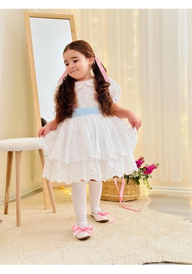 Beyaz Mavi Kemerli Vintage Elbise, Özel Dikim Çocuk Elbisesi, Doğum Günü Elbisesi,0-12 Yaşa Uygun Beyaz