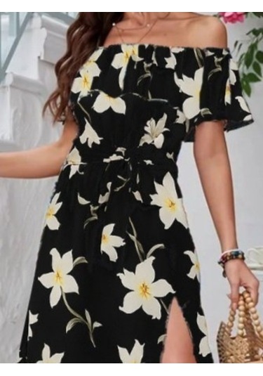 Kadın Kısa Kollu Madonna Yaka Fırfırlı Belden Yırtmaçlı Maksi Örme Krep Elbise Siyah