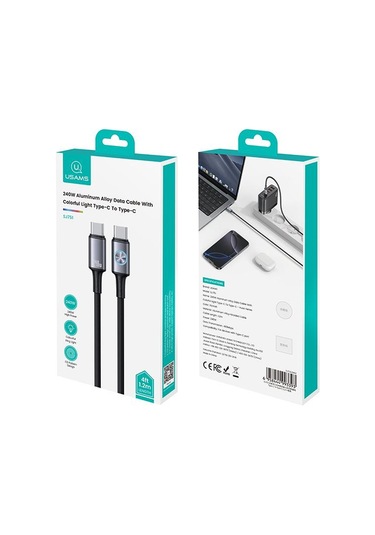 Usams Sj751 240w Tip-c'den Tip-c'ye Renkli Işıklı Alüminyum Alaşımlı Veri Kablosu, Uzunluk: 1,2m