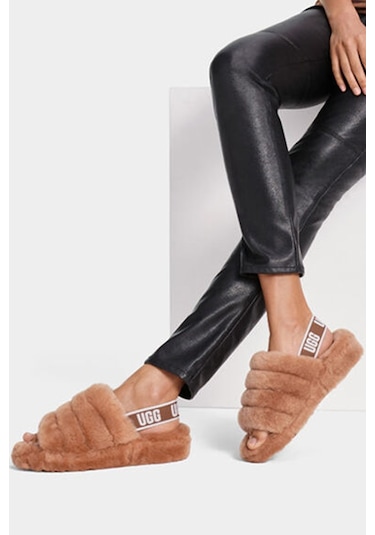 Ugg W Fluff Yeah Slide Leather Womens Slide Hakiki Koyun Derisi Kadın Terlik Taba Taba