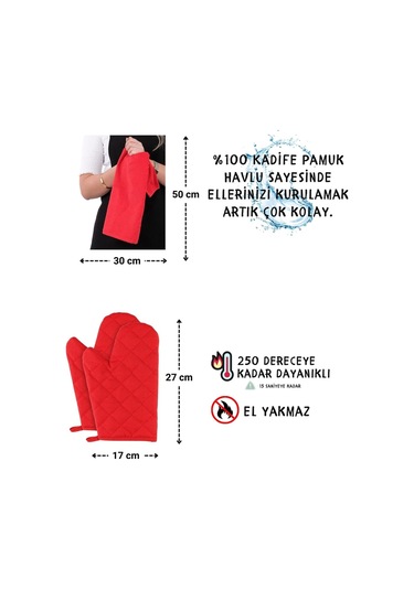 Star Ayar Askılı Havlulu 4lü Mutfak Önlüğü Seti 2 Eldiven Siyah-kırmızı-kırmızı