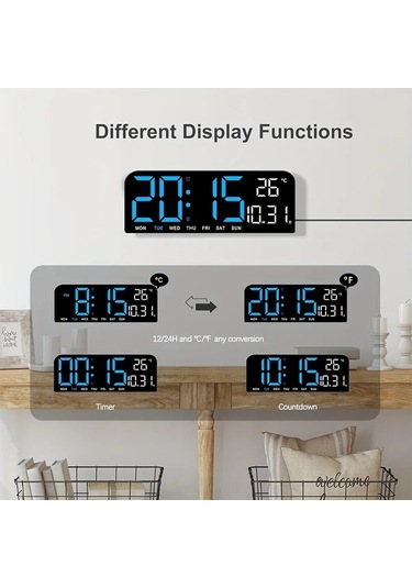 Willowhaven Beyaz Mavi Ekranlı 10 İnç Büyük Dijital Saat Alarmlı Termometreli Dekoratif