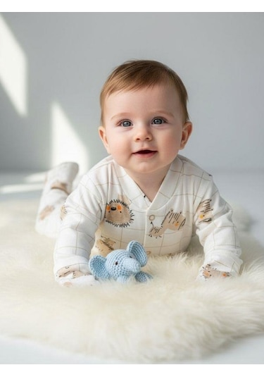Zekids Bebek Pamuklu Eldivenli Üst Ve Patikli Altlı Pijama Takımı-16787 Bej