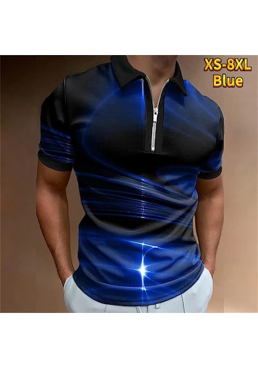 Mavi Rahat Yaka T-shirt Genç Erkek Moda Fermuar Kısa Kollu Tişört Erkek 3d Kırmızı Işık Dalga Baskı T Gömlek Mavi