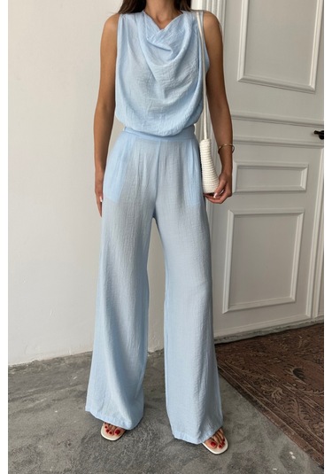 Munn Collection Degaje Yaka Kolsuz Bluz - Pantolon Takım - Mavi Mavi