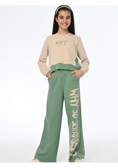 Kız Çocuk Why Yazılı Yanlardan Çıt Çıtlı Bol Paça Eşofman Takım-13538 Yeşil
