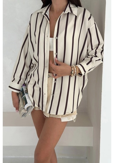 Pamuk Viscon Dijital Baskı Sonsuz Çizgi Gömlek Krem