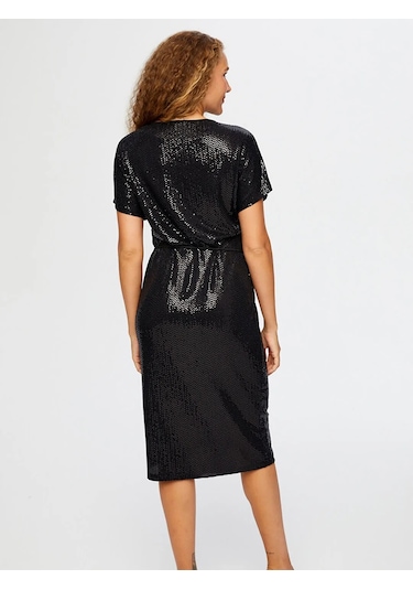 Faik Sönmez Şifon Garnili Kısa Kol V Yaka Payet Kadın Abiye Elbise Uw26aby014 Siyah