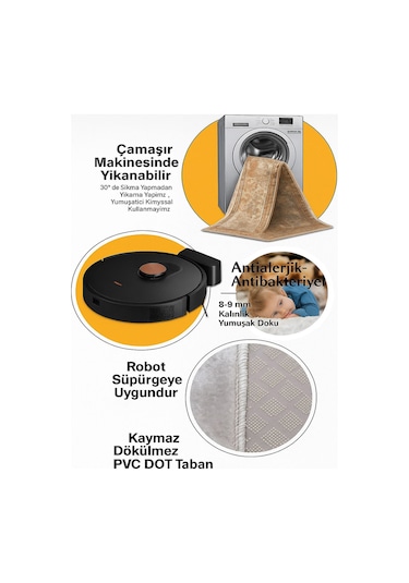 Retro Vintage Dijital Baskı Salon Halısı Kaymaz Tabanlı Yıkanabilir Halı Yolluk 526 Krem