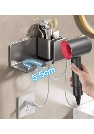 Wondernest Tutucu, Saç Rafı, Lichen Kurutma Makinesi - Delmeden Banyo Aksesuarı Siyah