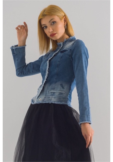 Bold & Young Kadın Yağ Yeşili Power Strech Çıt Çıtlı Slim Fit Denim Ceket mavi