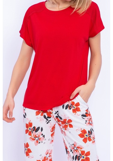 Arnetta Hibiskus Çiçek Desenli Kırmızı Kadın Pijama Takımı 5274-28930 Kırmızı