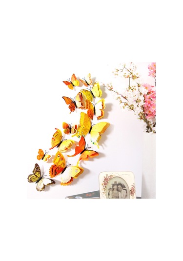 Tenfowee 12 Adet Çift Katlı 3d Pvc Kelebek Duvar Sticker, Mıknatıslı Dekoratif Ev Bahçe Park Dekoru, Renkli Desenler, Kolay Uygulama Sarı