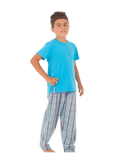 The Don Aile Turkuaz Gri-Lacivert Ekose Erkek Çocuk Pijama Takımı