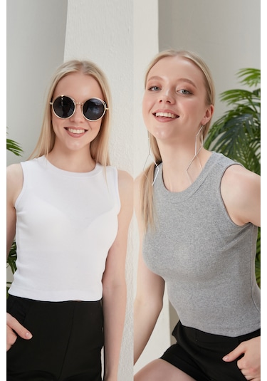 Catspy Kadın Halter Yaka 2'li Crop Bluz Atlet Beyaz - Gri