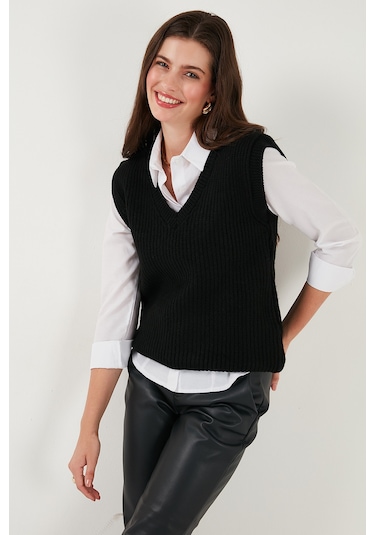 Lela V Yaka Örme Triko Bayan Süveter 4616105Y Siyah