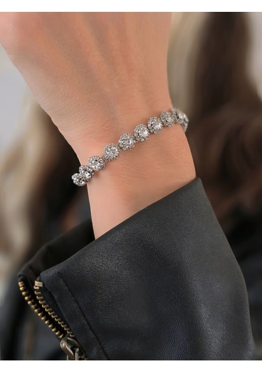 Eva Takı Store Çiçek Model Elmas Görünümlü Silver Renk Bileklik Gümüş