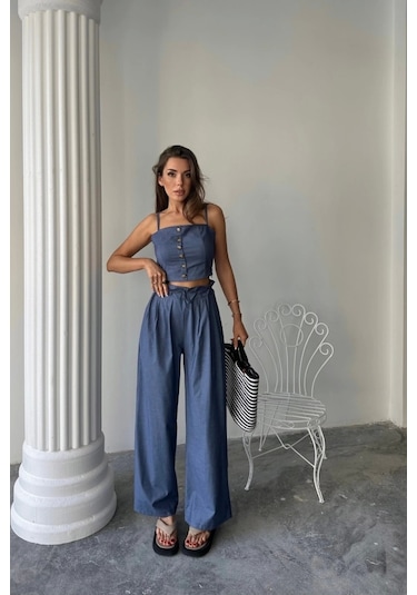 Tencel Crop Askılı Bluz - Şalvar Pantolon Tk - İndigo İndigo
