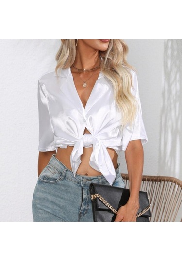 Kısa Kollu Gömlek Yaz Katı Saten Ipek Gömlek Düğme Yukarı Bluz Gevşek Ofis Kadın Blusas Casual Gömlek Tops Zarif 26107 Siyah